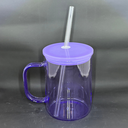 A translucent purple glass mug with a matching lid and clear straw against a black background.