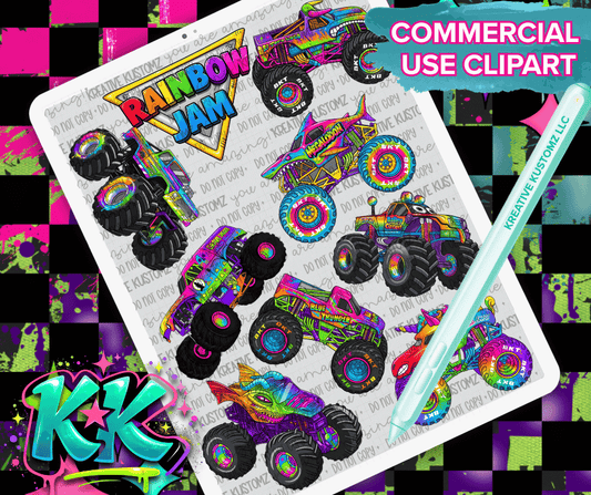 Monster Truck Jam Rainbow Clipart Bundle - 36 Designs - Digital Download