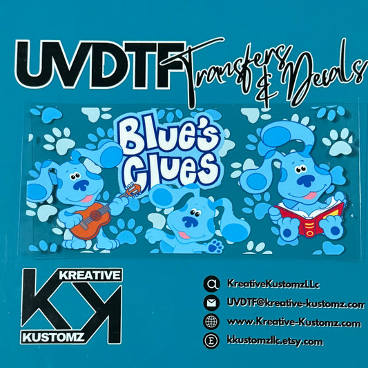 A Blue's Clues themed UV DTF adhesive wrap for 16oz glass cups featuring three Blue characters.