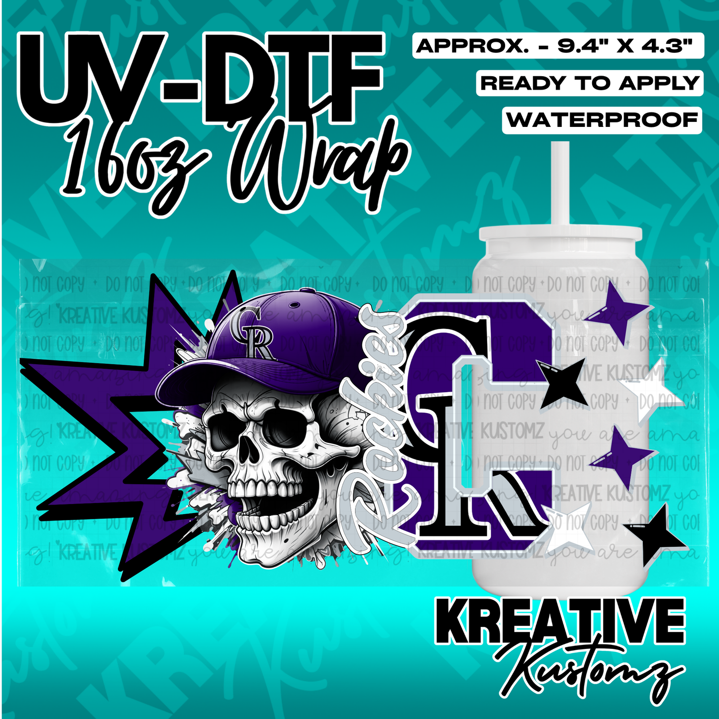 A UV DTF adhesive wrap for 16oz glass cans featuring a skull in a purple baseball cap and logo.