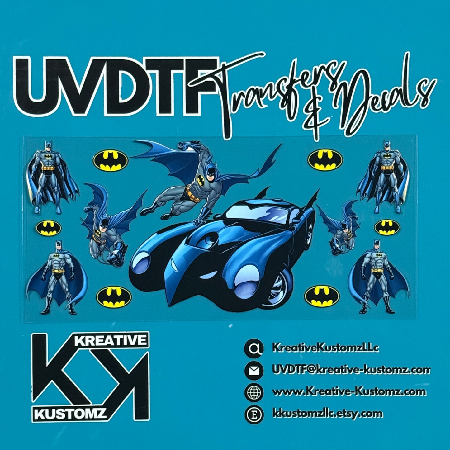 A Batman themed UV DTF adhesive wrap featuring the character and his car for a 16oz glass cup.