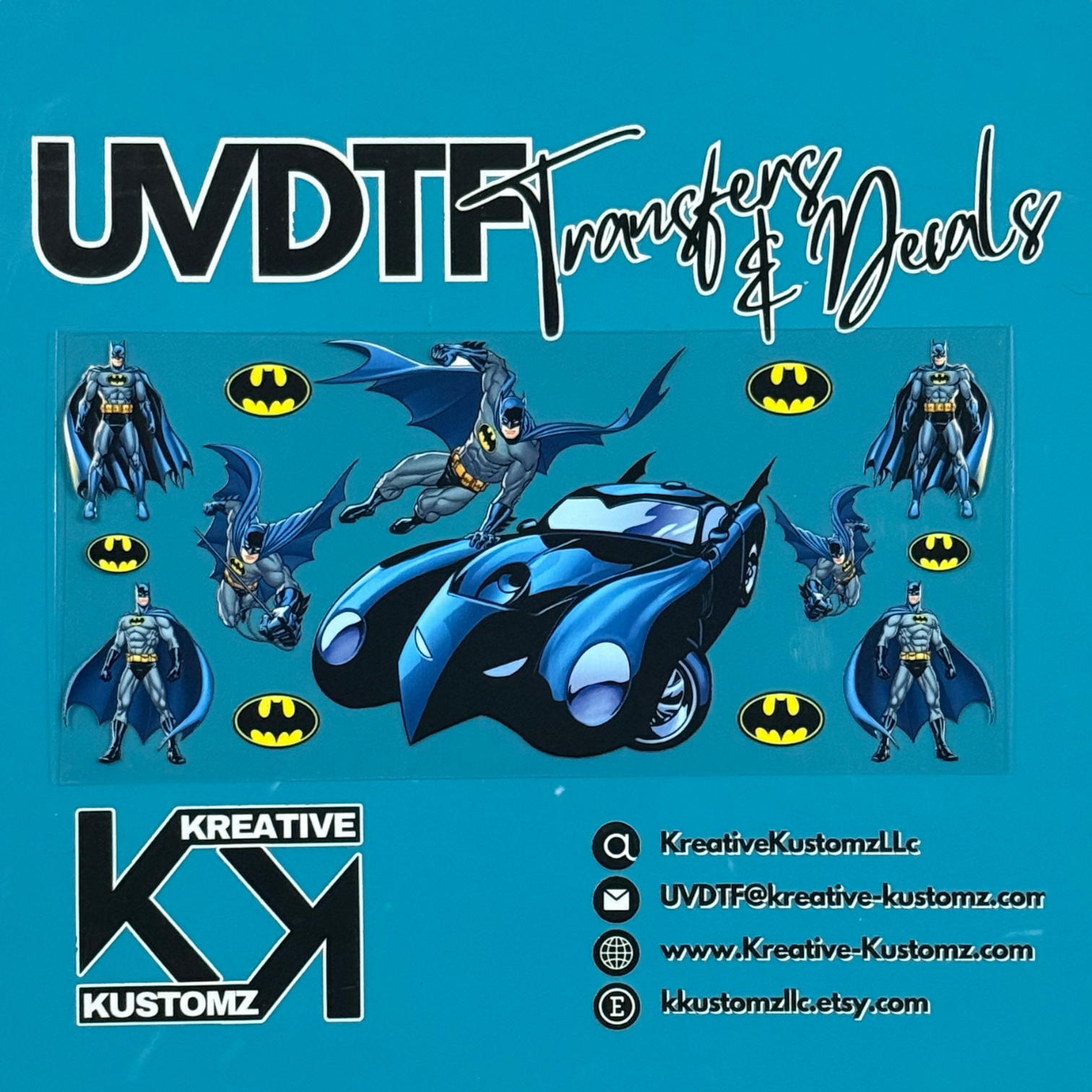 A Batman themed UV DTF adhesive wrap featuring the character and his car for a 16oz glass cup.
