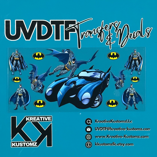 A Batman themed UV DTF adhesive wrap featuring the character and his car for a 16oz glass cup.