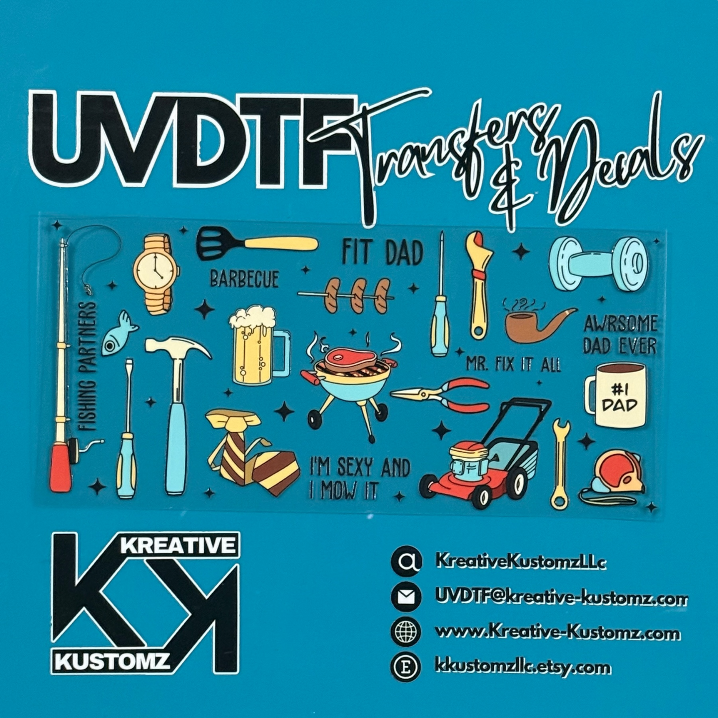 A UV DTF adhesive cup wrap featuring various dad-themed icons on a clear backing.