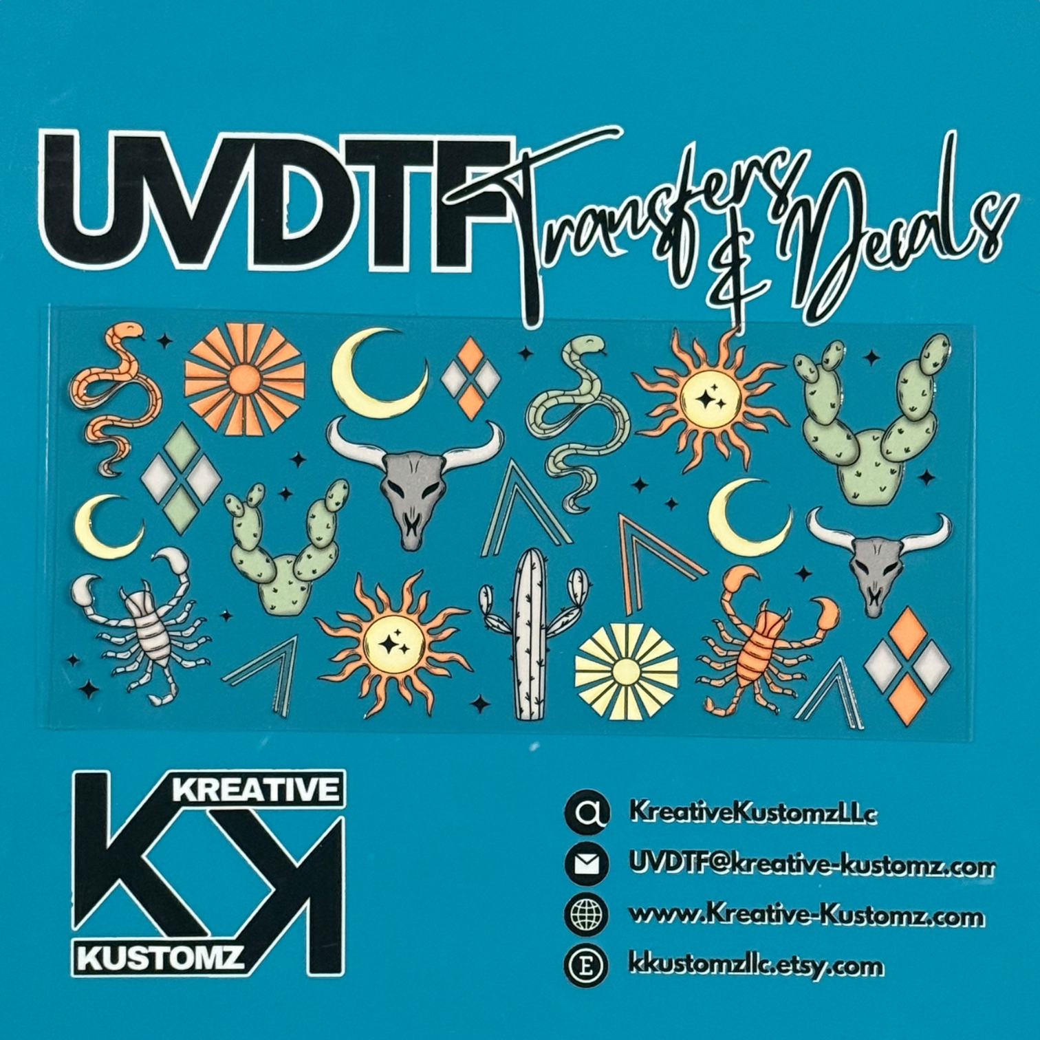 A sheet of southwestern-themed UV DTF decals featuring cacti, scorpions, suns, and skulls.