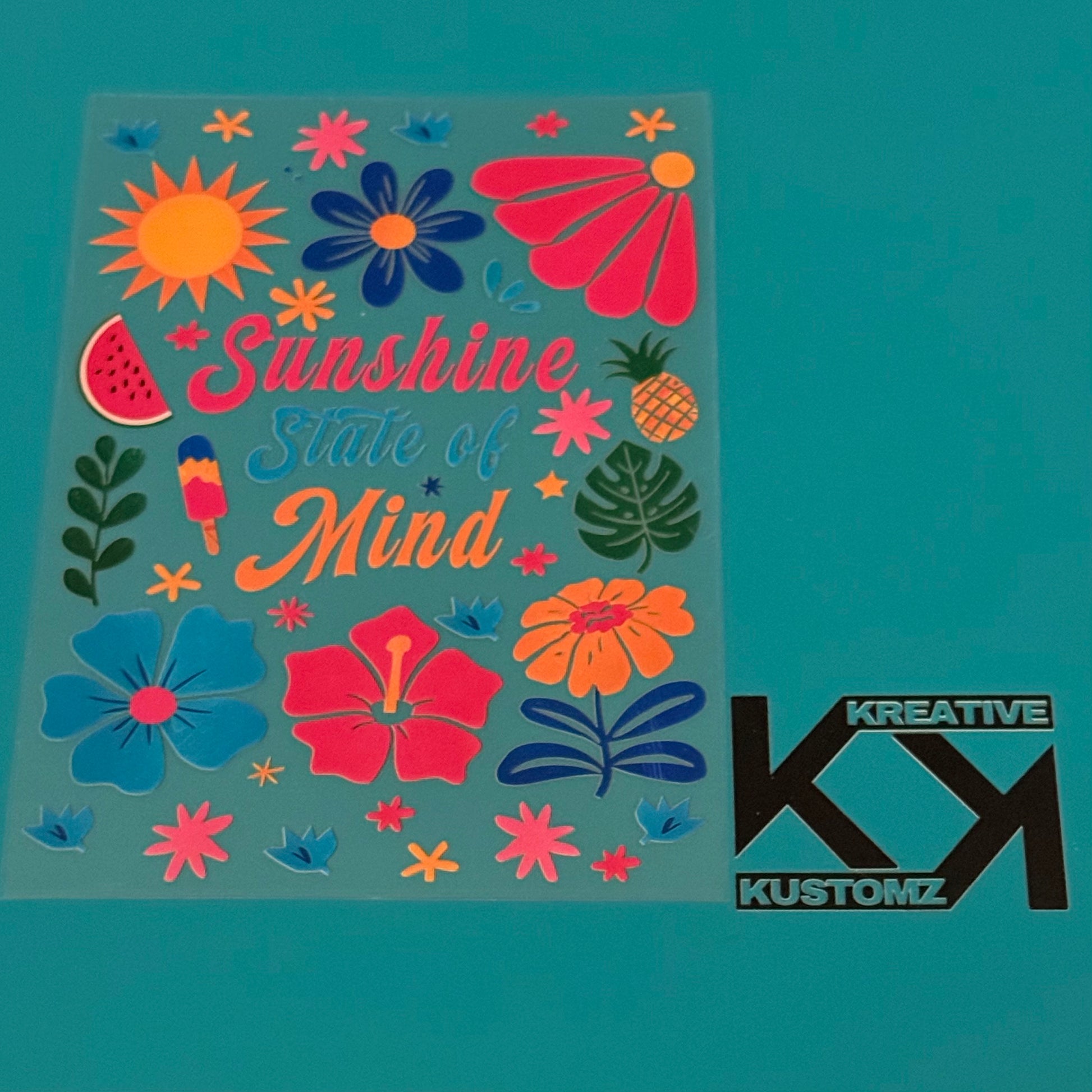 A sheet of colorful summer-themed UV DTF decals featuring flowers, fruit, and sunshine text.
