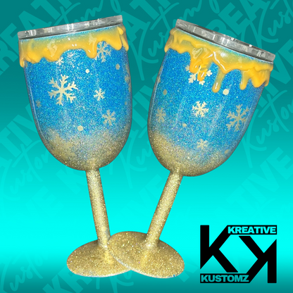 Blue and Gold Snowflake Drip 2 - 12oz Wine Glass