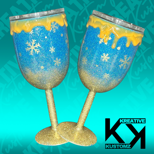 Blue and Gold Snowflake Drip 2 - 12oz Wine Glass