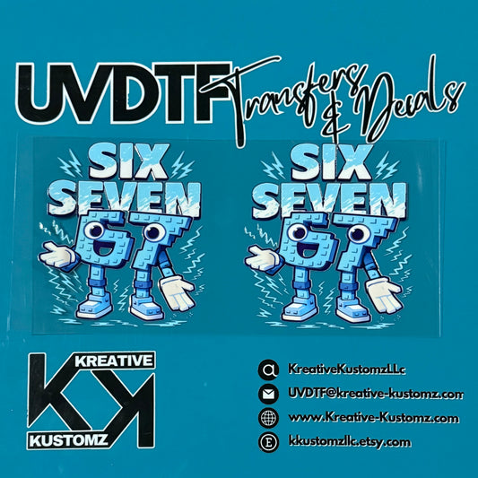 Two UV DTF adhesive cup wraps featuring a blue cartoon character with the text Six Seven.