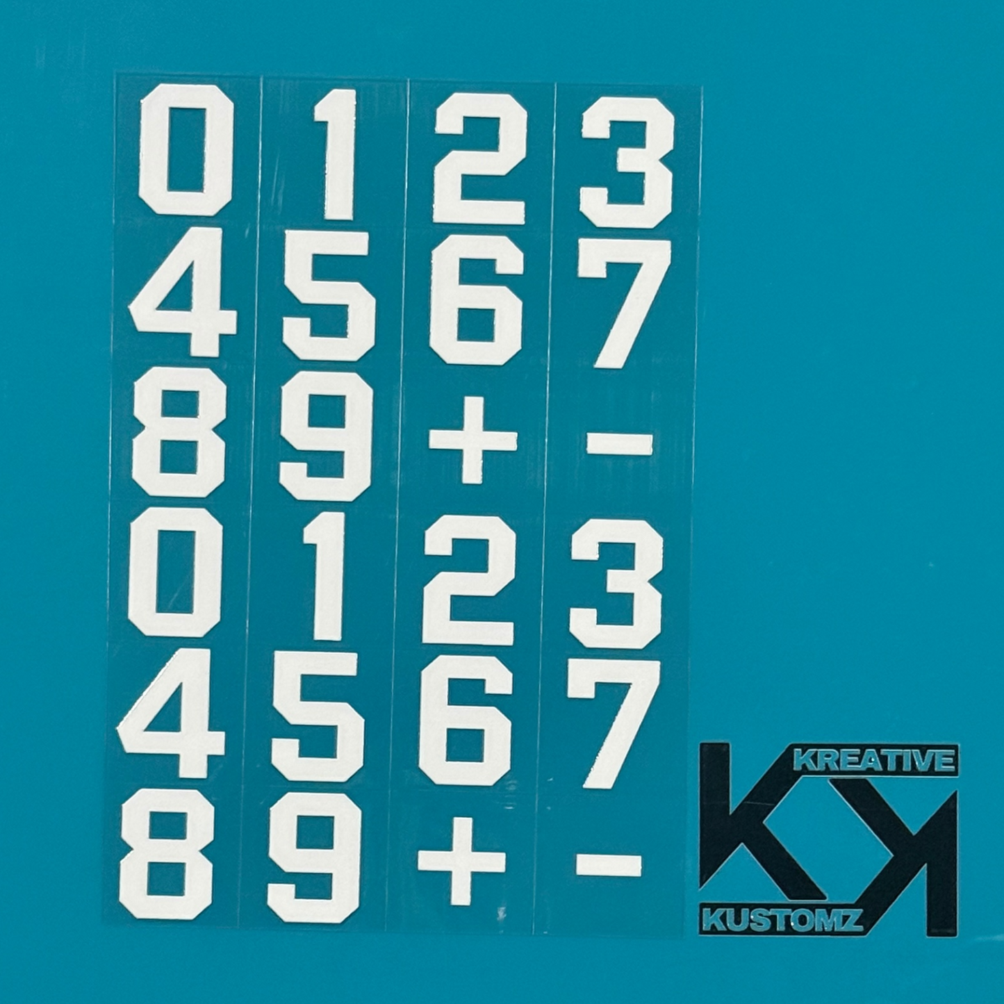 An A5 sheet of white one-inch adhesive number decals for glass cans on a teal background.