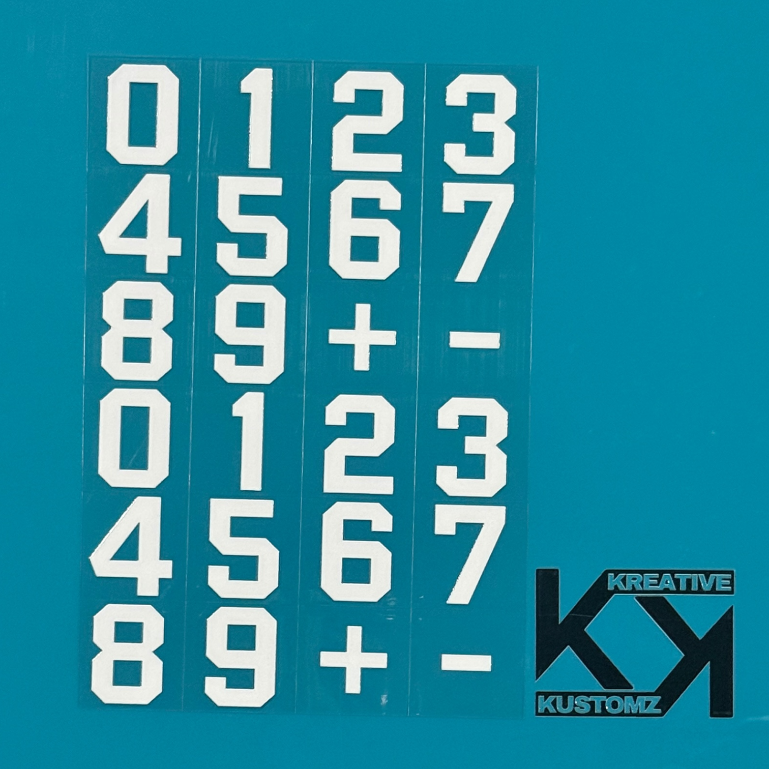 An A5 sheet of white one-inch adhesive number decals for glass cans on a teal background.