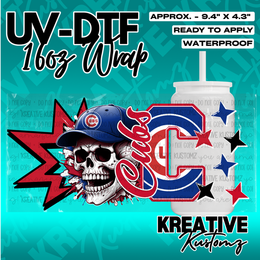 A Chicago Cubs themed UV DTF wrap for a 16oz glass can featuring a skull wearing a baseball cap.