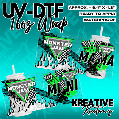 Two Monster Jam themed UV DTF cup wraps featuring Mama and Mini designs with racing graphics.