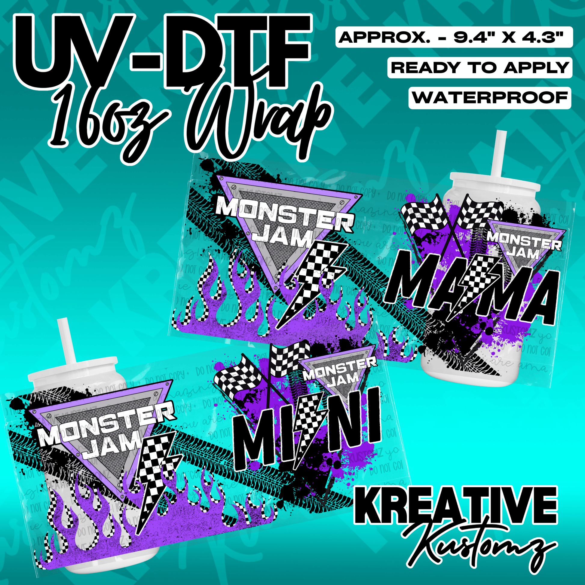 Two UV DTF cup wraps featuring Monster Jam logos, purple flames, and checkered flags.