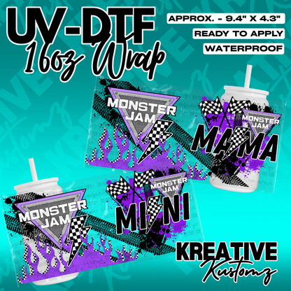 Two UV DTF cup wraps featuring Monster Jam logos, purple flames, and checkered flags.