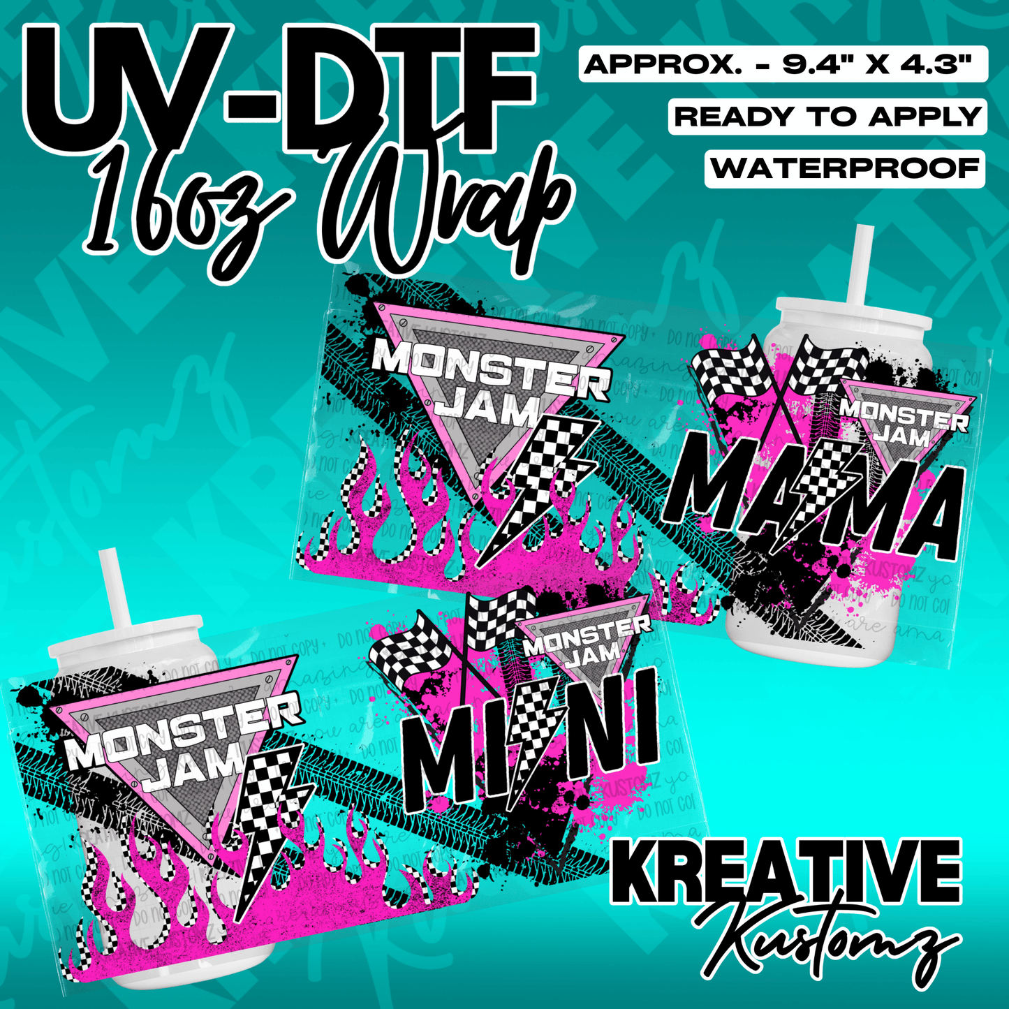 Two UV DTF cup wraps featuring Monster Jam, checkered flags, and flames for Mama and Mini.