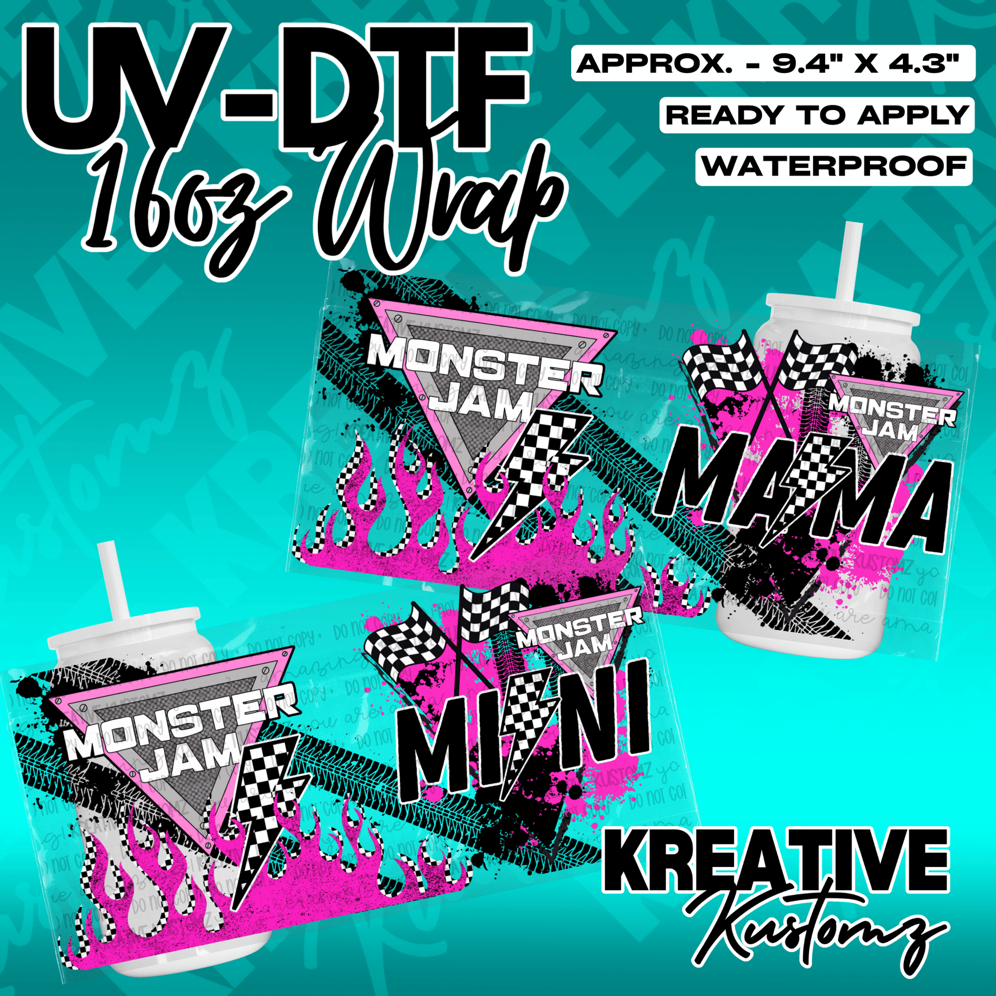 Two UV DTF cup wraps featuring Monster Jam, checkered flags, and flames for Mama and Mini.