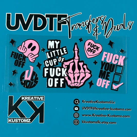 A sheet of pink and black themed decals featuring rude phrases and skeleton hand graphics.