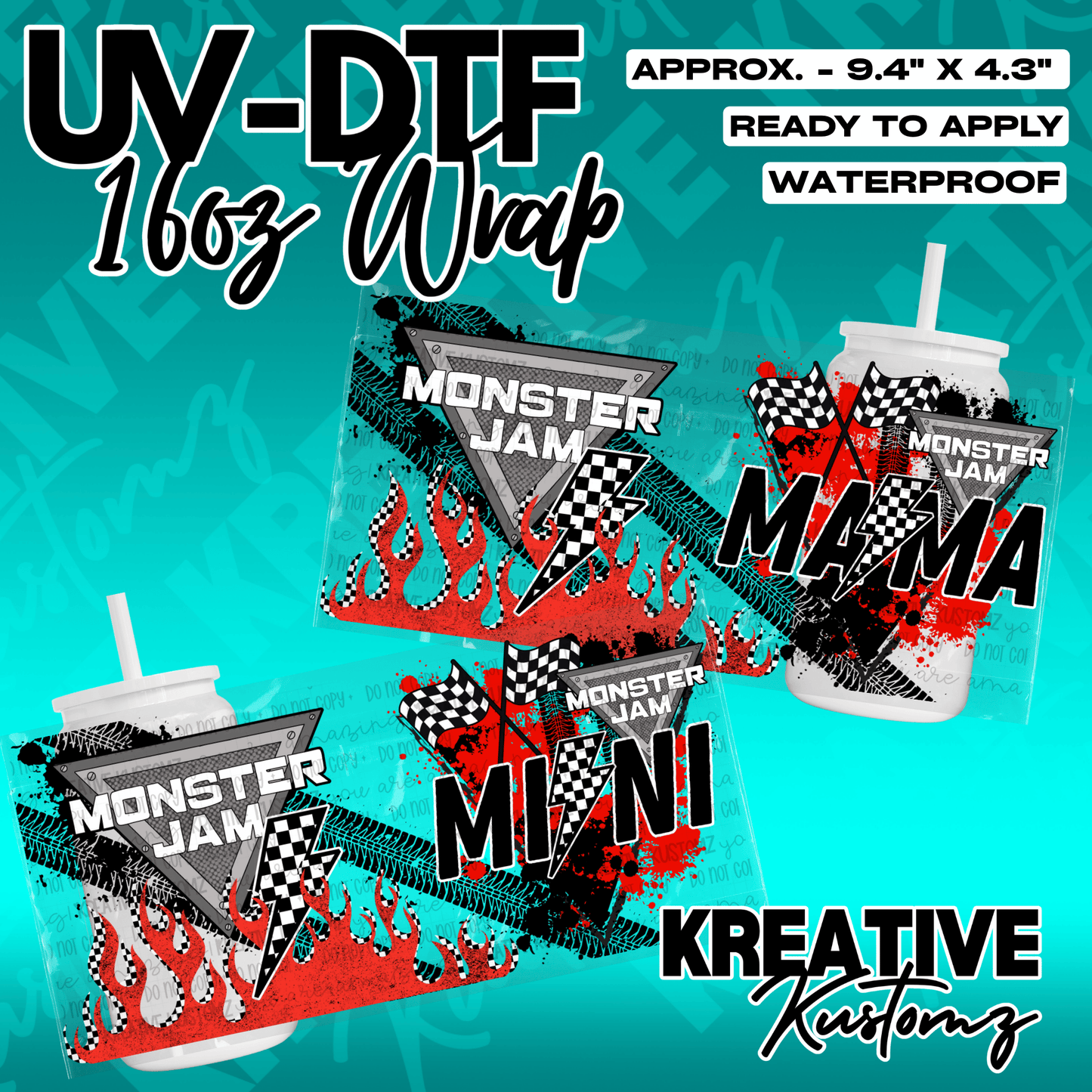 Two Monster Jam themed UV DTF cup wraps featuring checkered flags, flames, and tire tracks.
