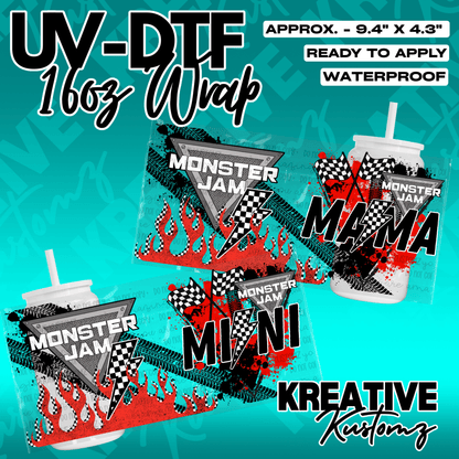 Two Monster Jam themed UV DTF cup wraps featuring checkered flags, flames, and tire tracks.
