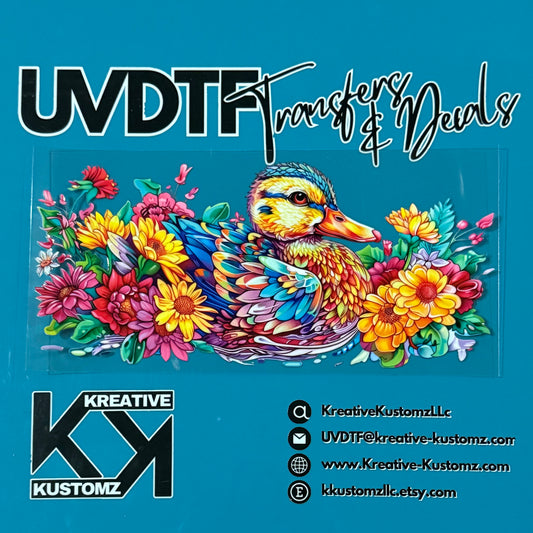 A colorful UV DTF transfer decal featuring a duck surrounded by flowers on a clear backing.