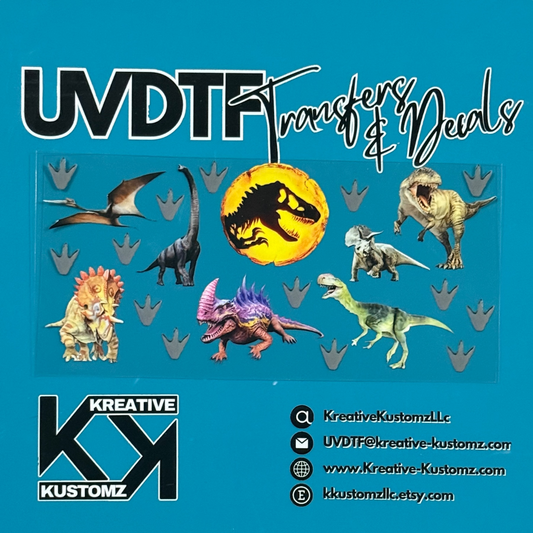 A dinosaur themed UV DTF adhesive wrap for a 16oz glass can featuring various prehistoric creatures.