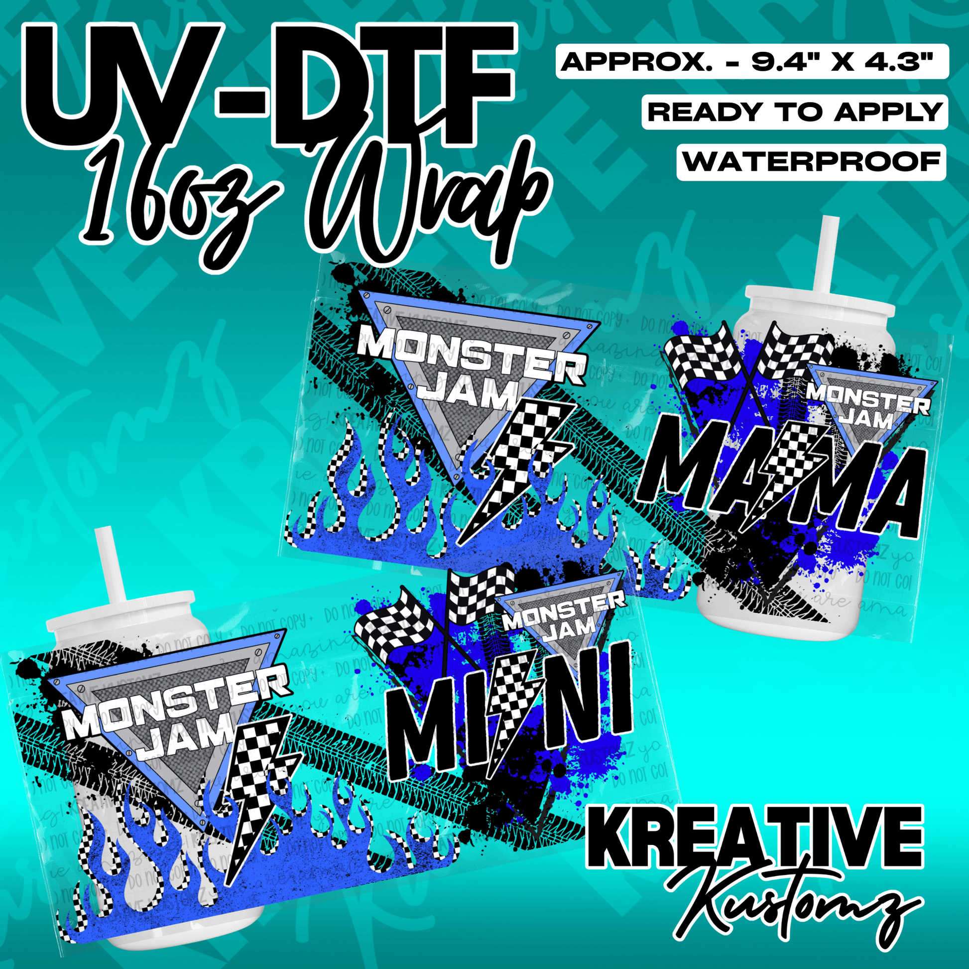 Two UV DTF cup wraps featuring Monster Jam themes with blue flames and checkered flags.