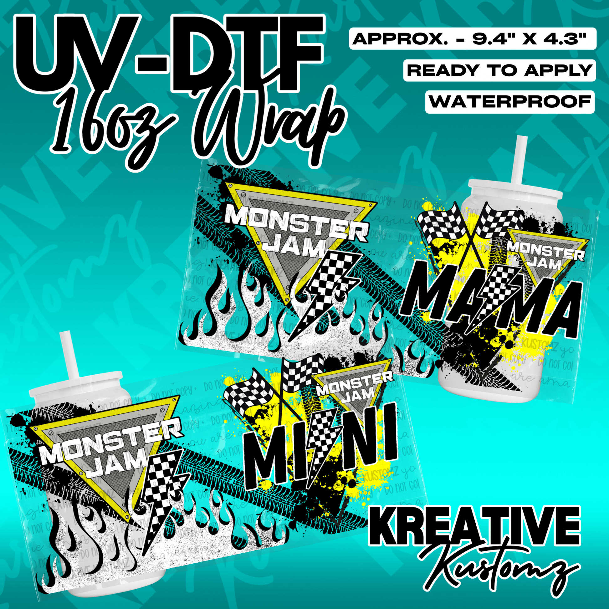 Two UV DTF cup wraps featuring Monster Jam themes with Mama and Mini text designs.