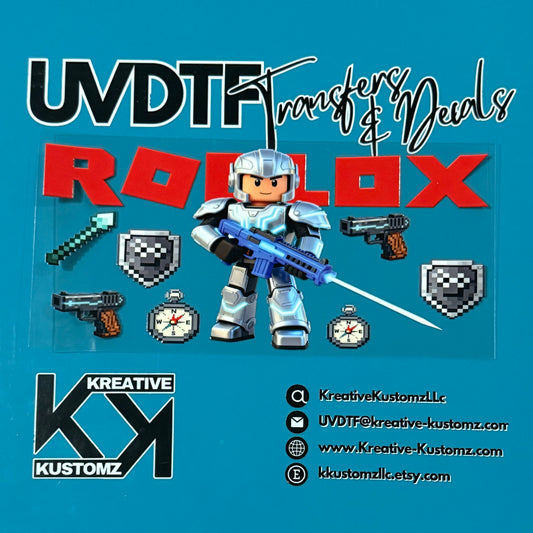 A UV DTF adhesive wrap for a 16oz glass cup featuring a Roblox-themed character and game icons.