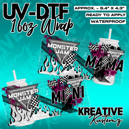 Two UV DTF cup wraps featuring Monster Jam logos, checkered flags, and flames for 16oz glasses.