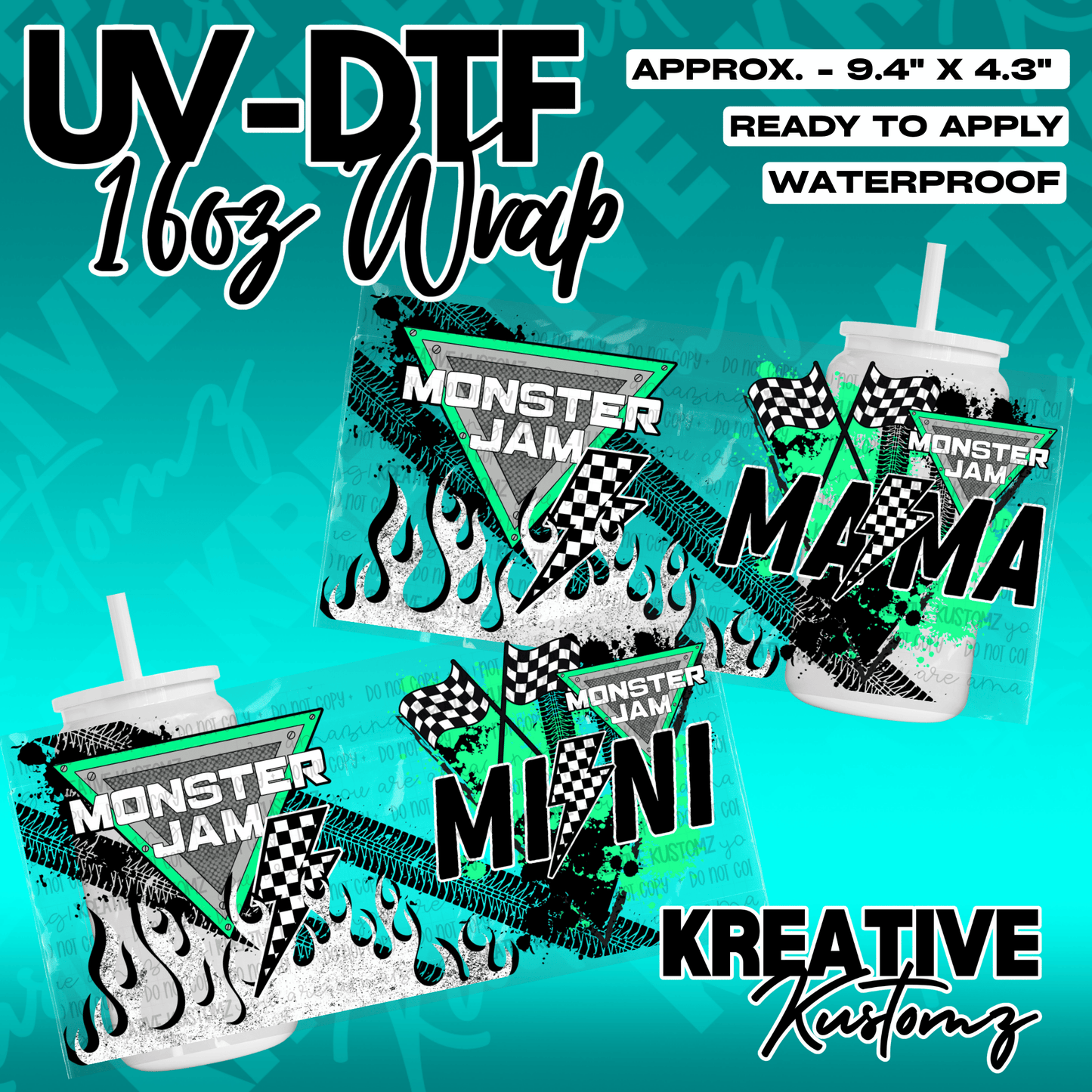 Two UV DTF cup wraps featuring Monster Jam themes with Mama and Mini text designs.