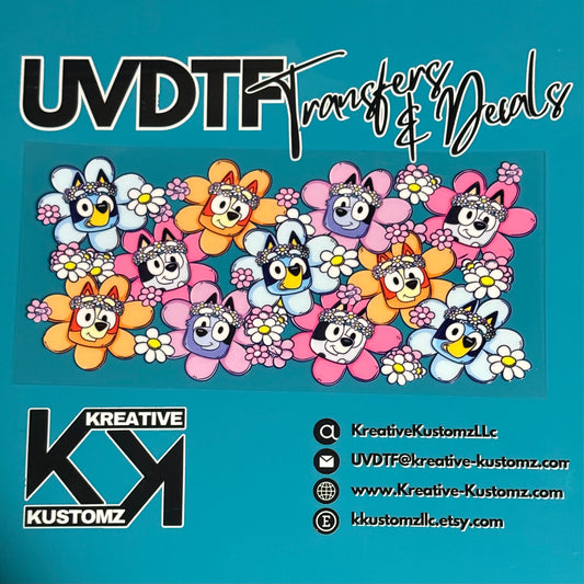 A UV DTF adhesive wrap for a 16oz glass cup featuring a pattern of cartoon dogs in flower petals.