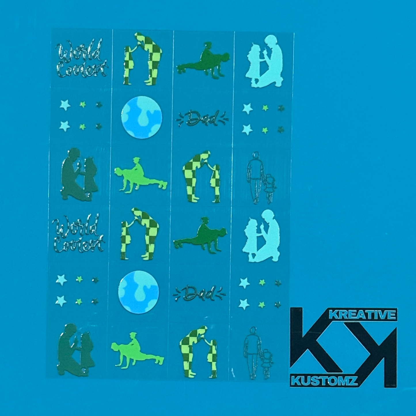 An A5 sheet of 24 UV DTF adhesive decals featuring father and child themed designs.