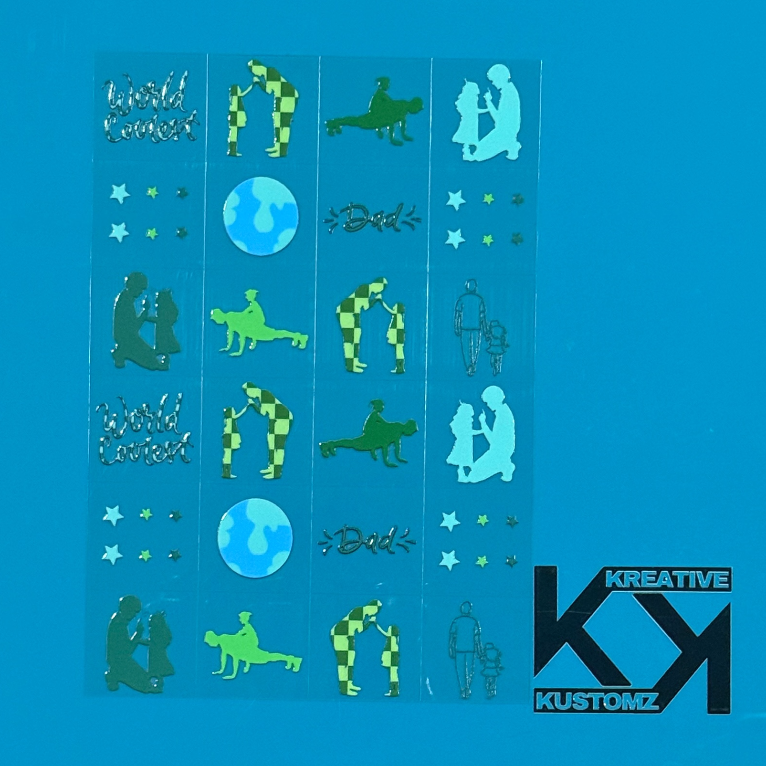 An A5 sheet of 24 UV DTF adhesive decals featuring father and child themed designs.