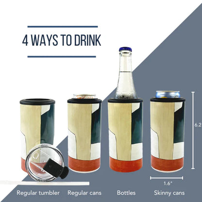 A four-in-one insulated drink cooler shown in four configurations for cans, bottles, and tumblers.