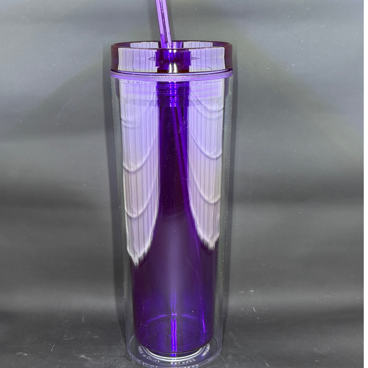 A 16oz dark purple acrylic skinny tumbler with a clear lid and matching straw.