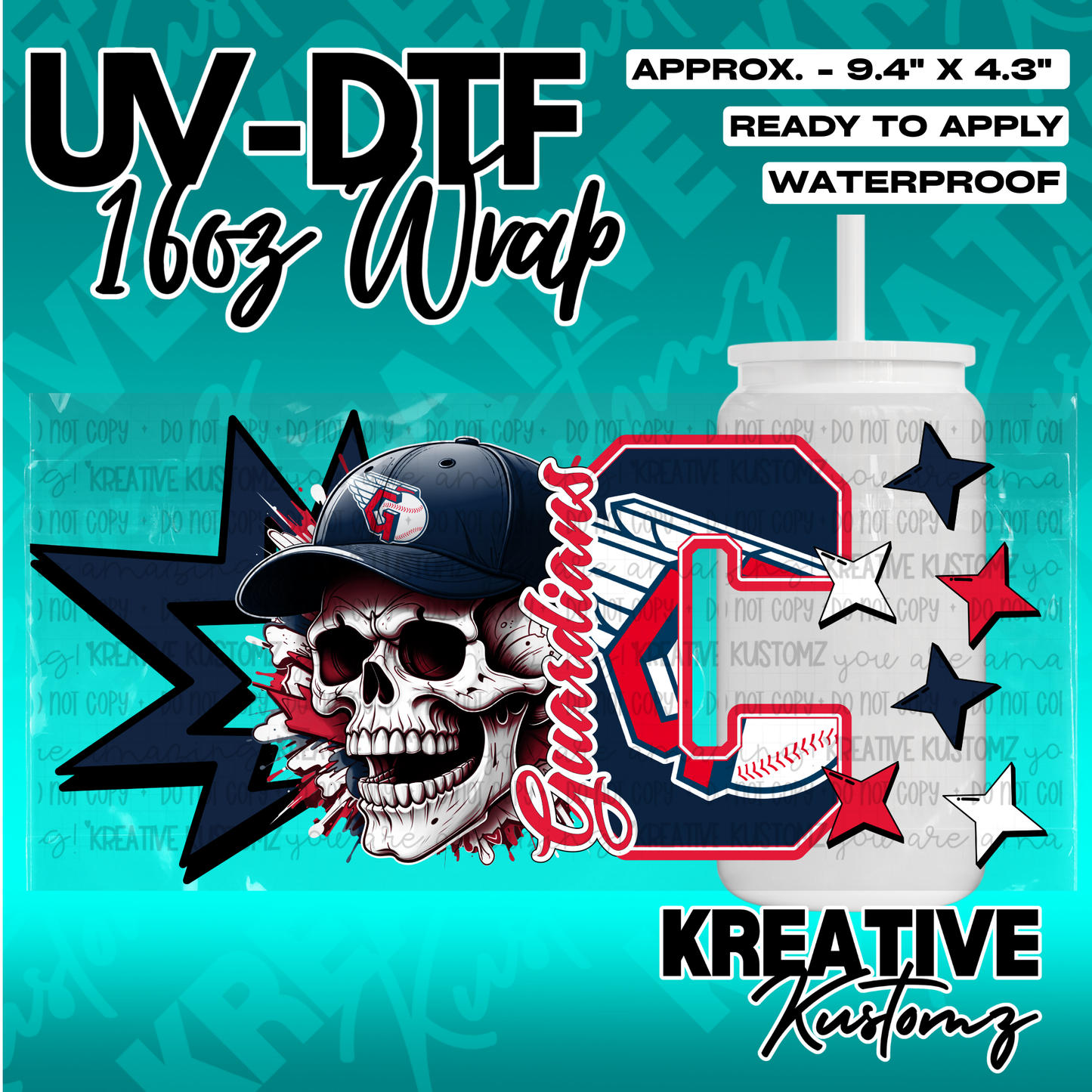 A UV DTF adhesive cup wrap featuring a skull wearing a baseball cap and the Guardians logo.