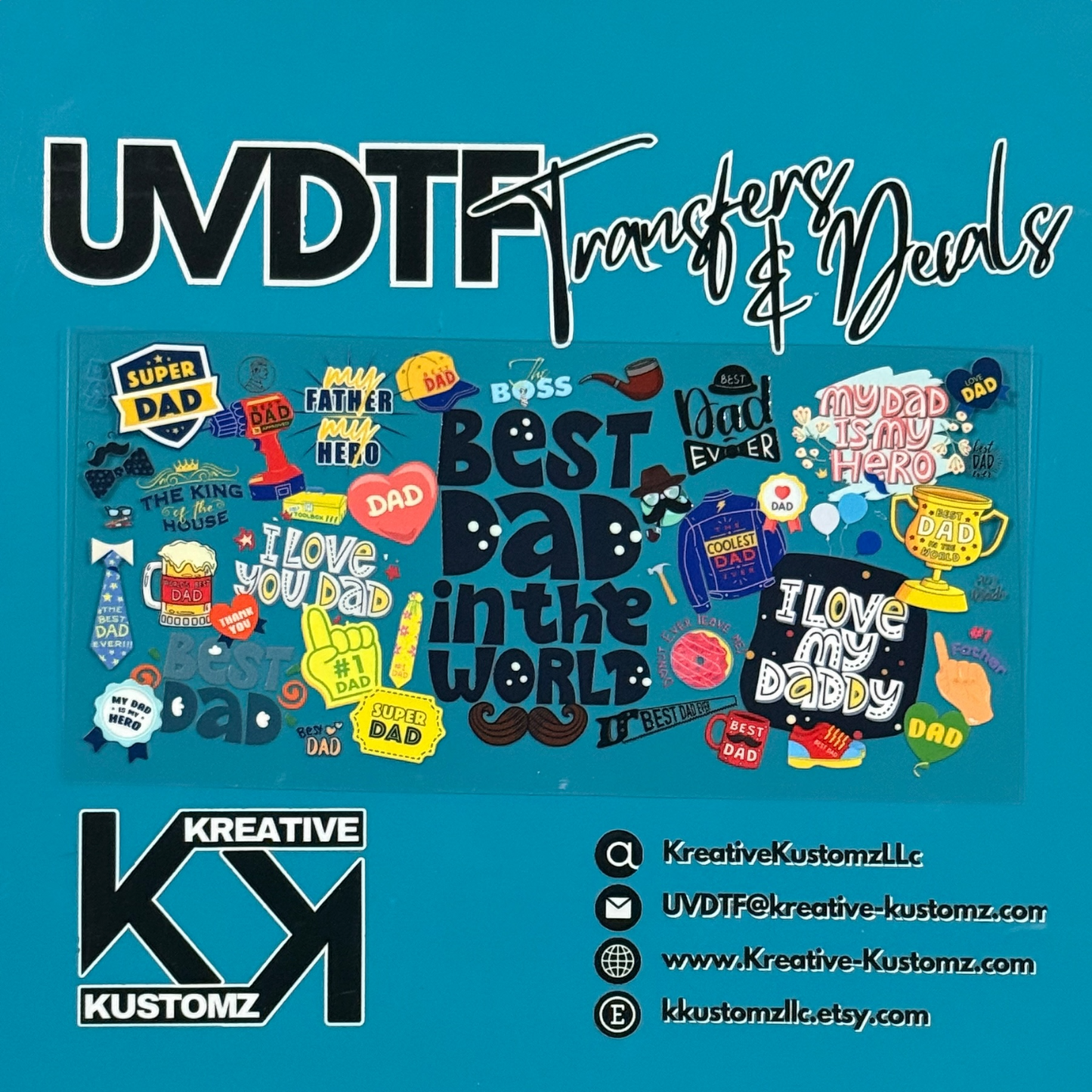 A sheet of Father's Day themed UV DTF adhesive decals for 16oz glass cans on a teal background.