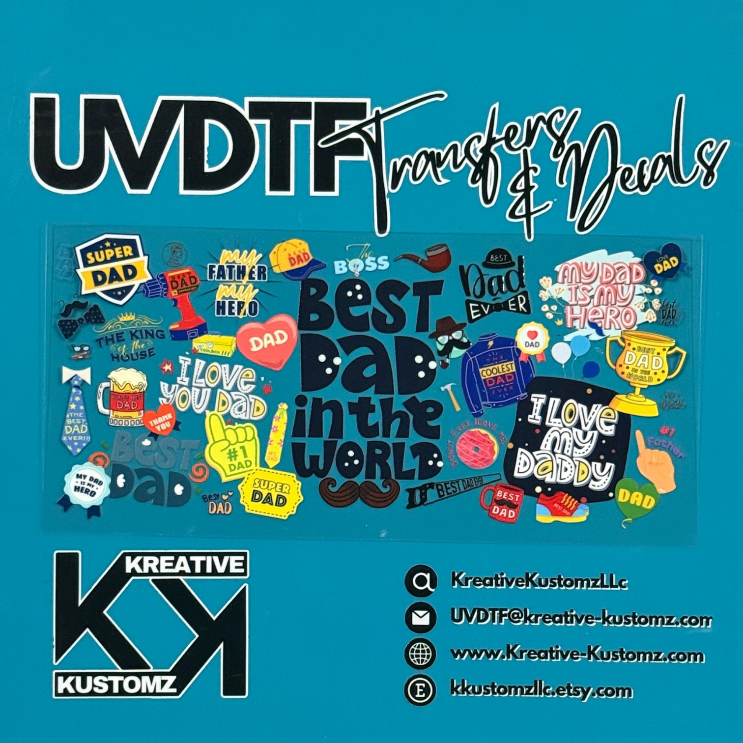A sheet of Father's Day themed UV DTF adhesive decals for 16oz glass cans on a teal background.
