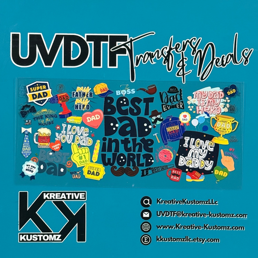 A sheet of Father's Day themed UV DTF adhesive decals for 16oz glass cans on a teal background.