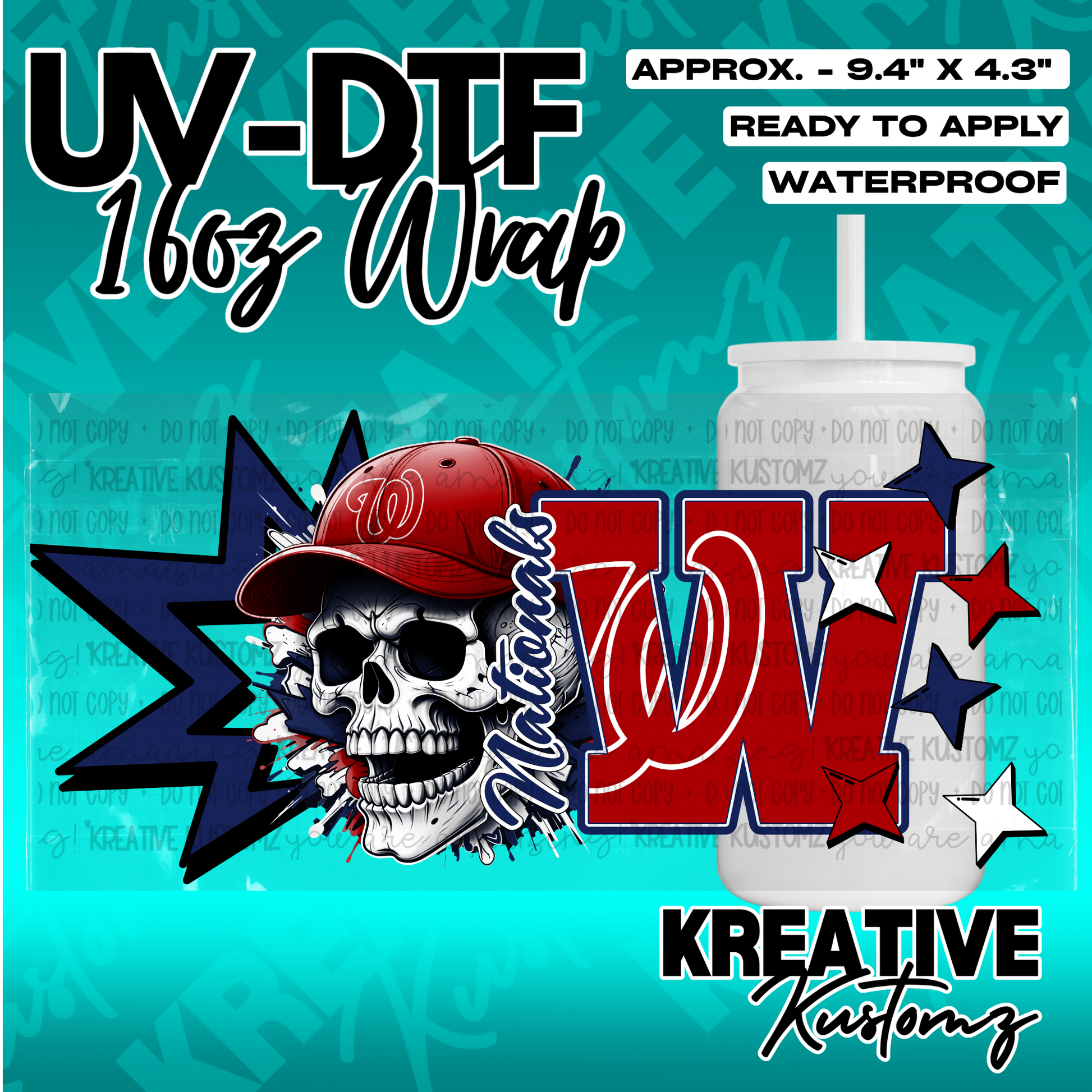 A UV DTF adhesive wrap for 16oz glass cans featuring a skull in a baseball cap and a large W logo.