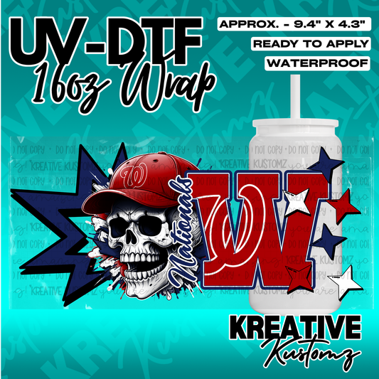 A UV DTF adhesive wrap for 16oz glass cans featuring a skull in a baseball cap and a large W logo.