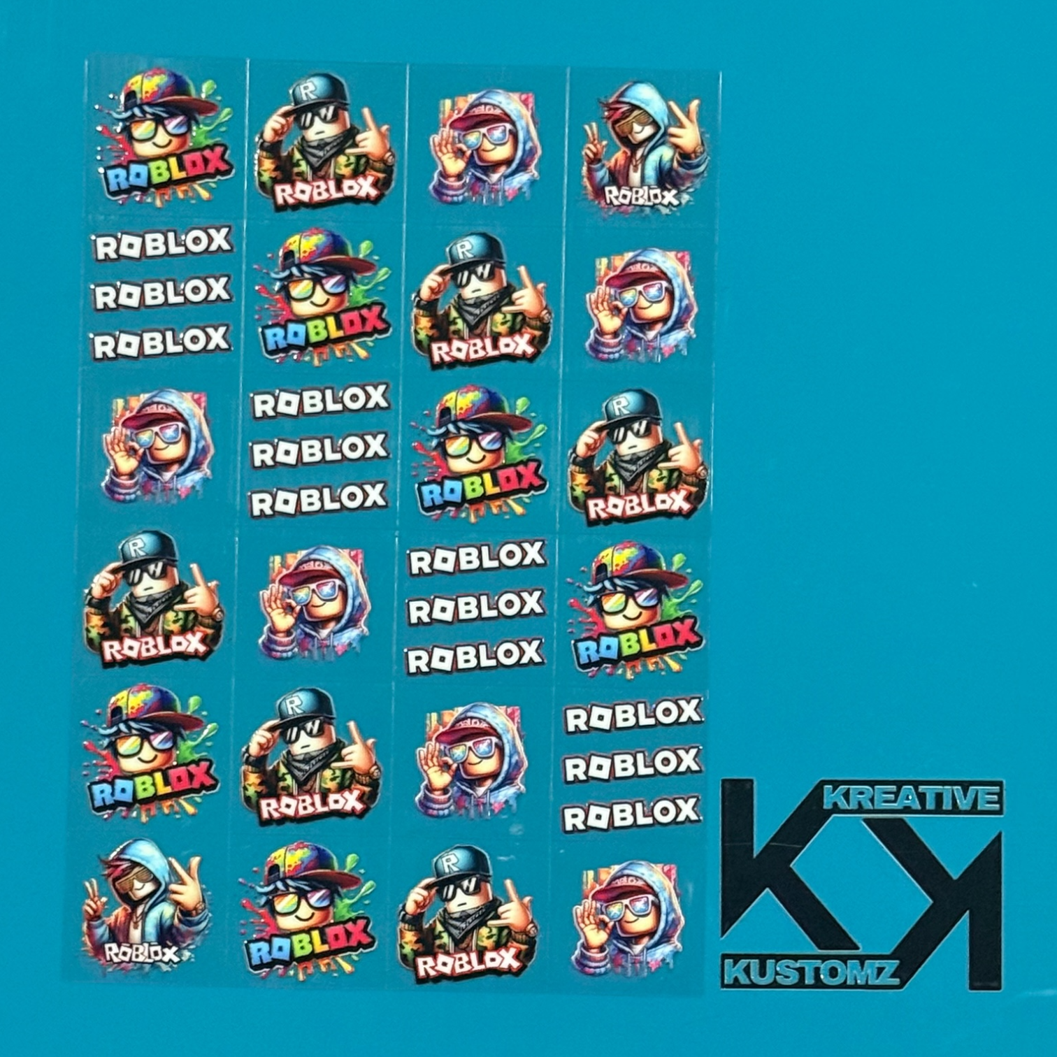 An A5 sheet of 24 precut Roblox-themed UV DTF adhesive decals featuring character designs.