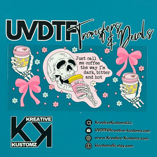 A UV DTF cup wrap featuring a skull, coffee cups, and pink bows on a teal background.