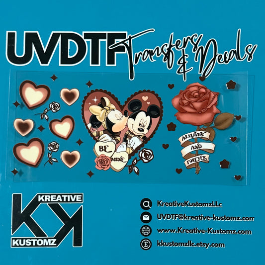 A UV DTF adhesive wrap featuring Mickey and Minnie Mouse, hearts, and a rose for glass cups.