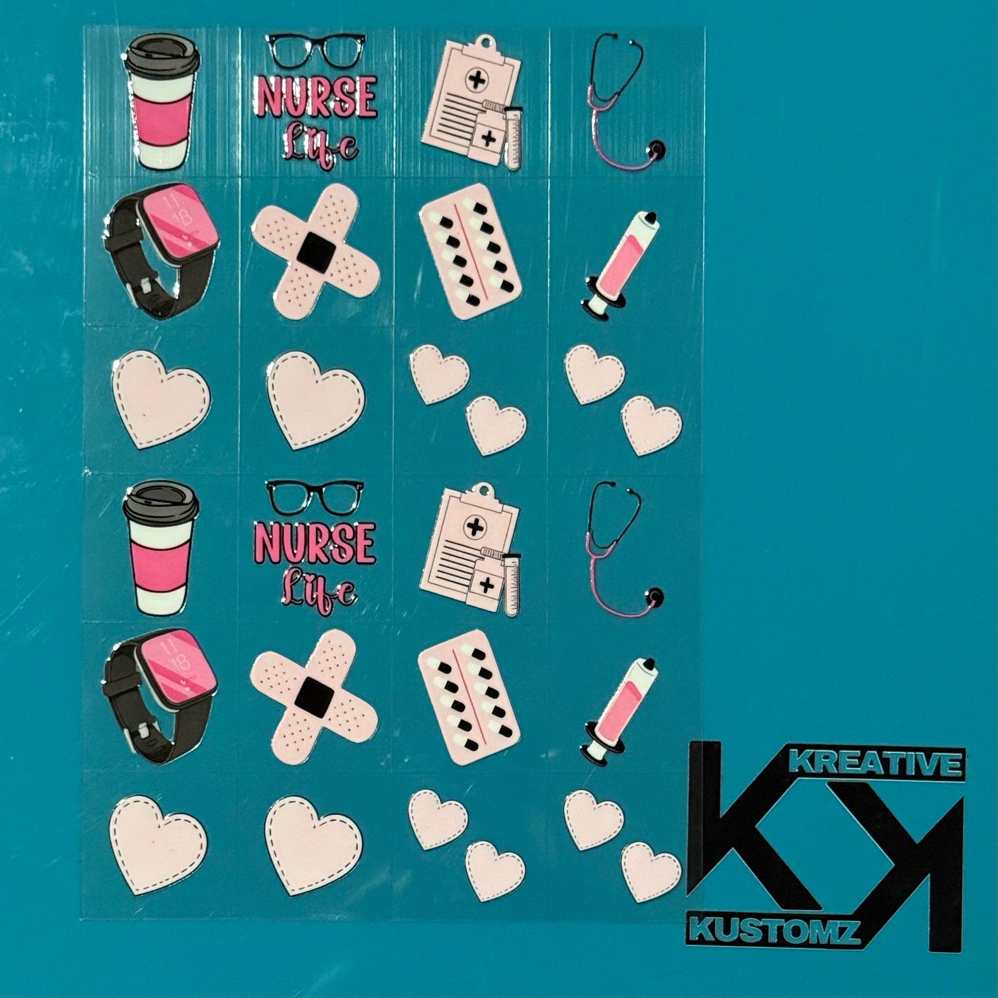 An A5 sheet of 24 precut pink and black nurse-themed UV DTF decals on a teal background.