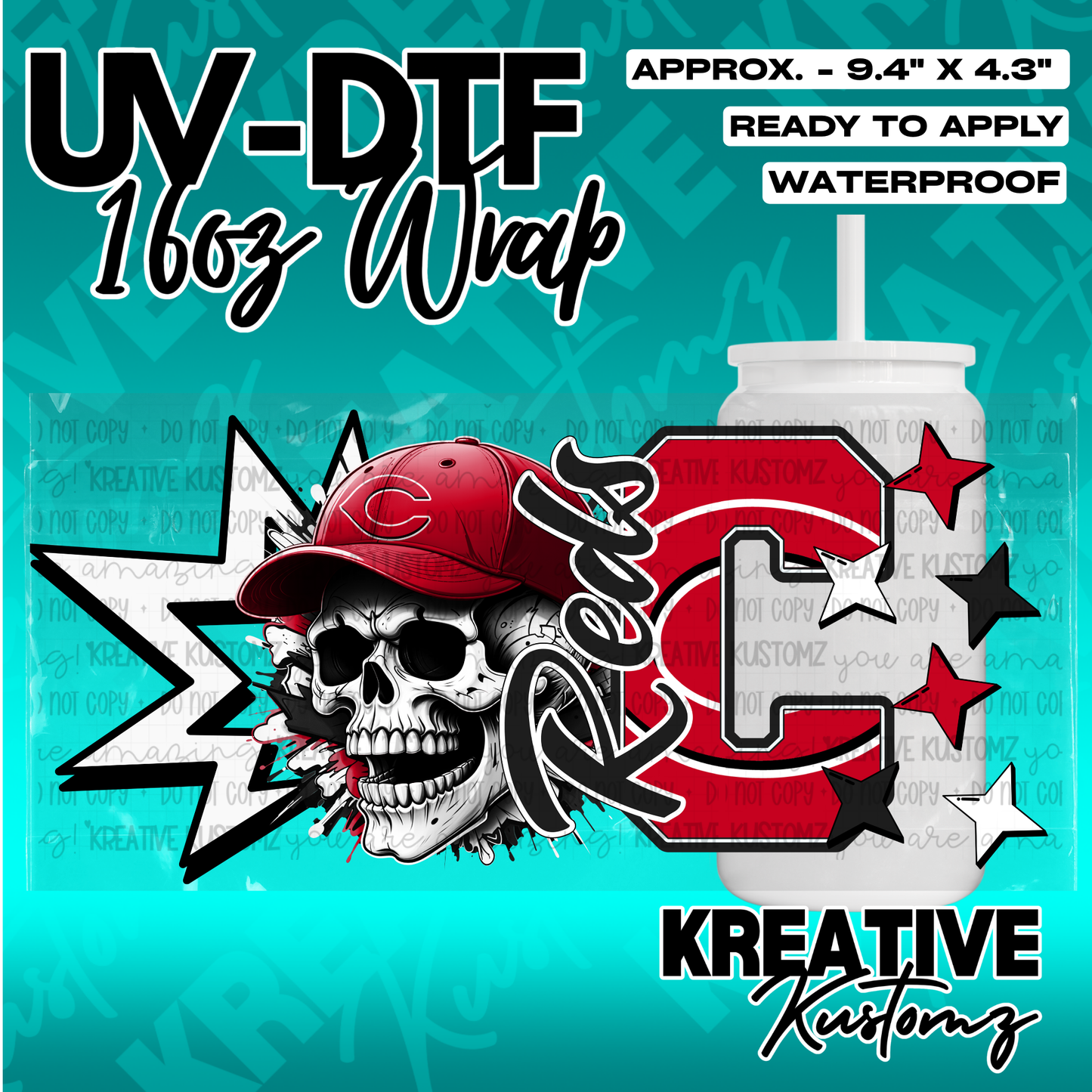 A UV DTF cup wrap featuring a skull wearing a red baseball cap and a large red letter C.