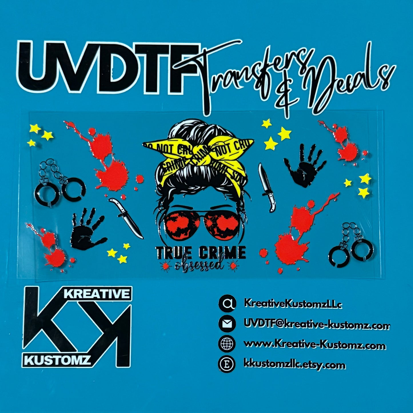 A true crime themed UV DTF adhesive cup wrap featuring a woman with sunglasses and crime motifs.