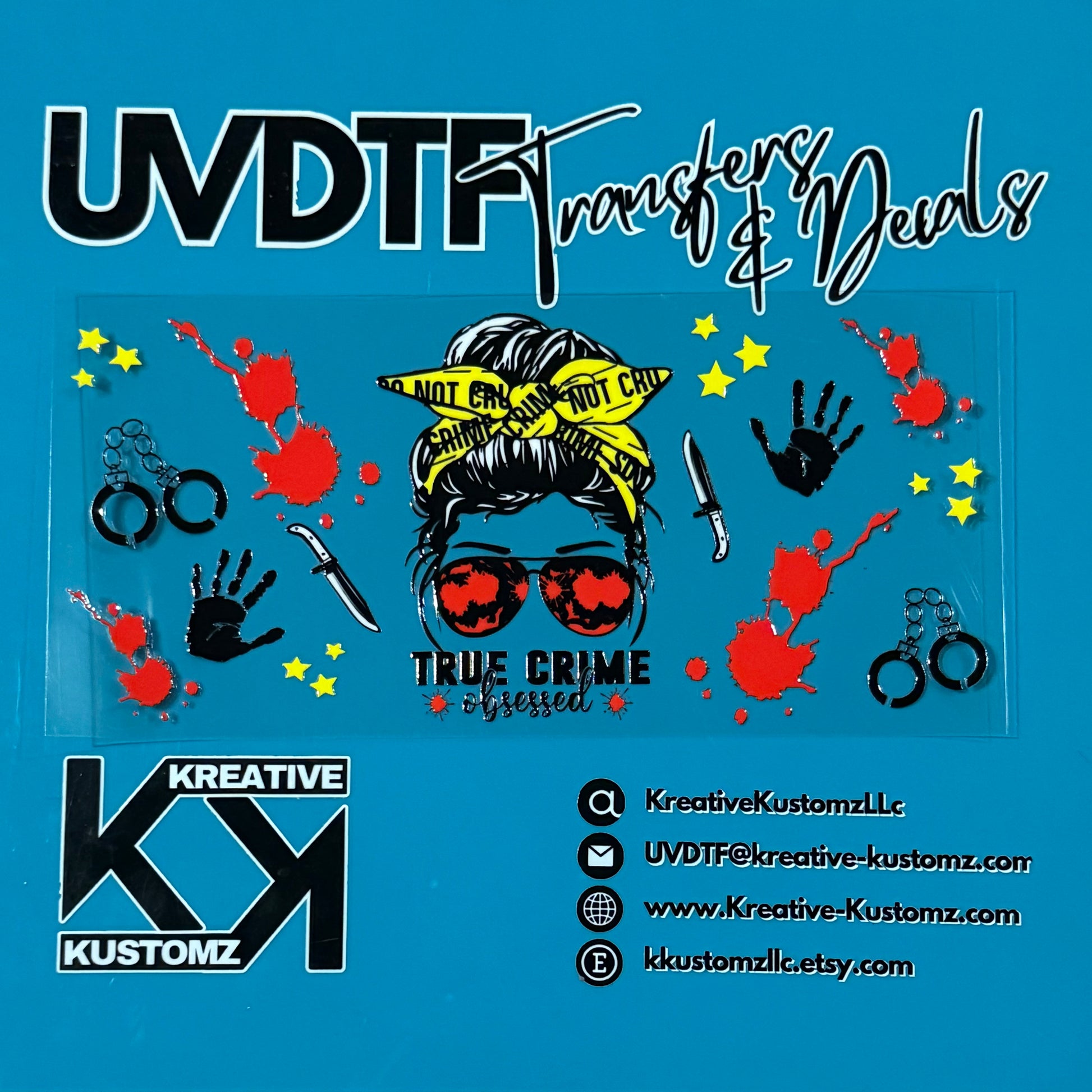 A true crime themed UV DTF adhesive cup wrap featuring a woman with sunglasses and crime motifs.