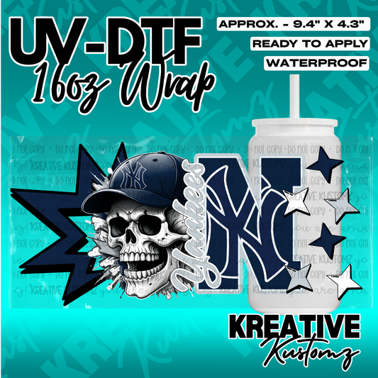 A UV DTF cup wrap featuring a skull wearing a baseball cap and a large Yankees logo.